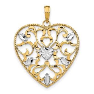Diamond2Deal 14k Yellow Gold Rhodium Filigree Leaf Accent Heart Charm