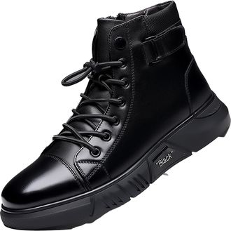 Generic Mens Round Toe Casual PU Leather Boots Lace Up Short Boots with Side Zipper Non-Slip Platform Dress Shoes,Black(Height Increasing),7.5 UK