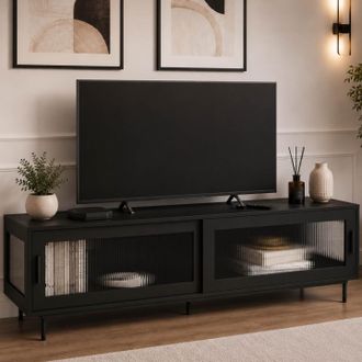 IDMarket Mueble Tv Zineb 140 Cm, 2 Puertas Correderas De Cristal, Frente Estriado Negro