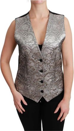 Dolce & Gabbana Glamoureuze Zilveren Brokaat Mouwloze Top - Dames - Gillet - Grijs - XS - Leer - Kostuums