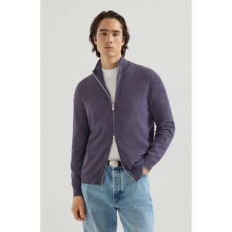 Brunello Cucinelli Cashmere high-neck cardigan with zipper in Purple at Nordstrom, Size 56