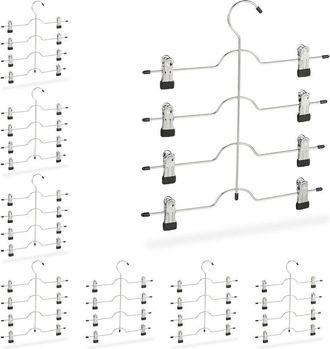 Relaxdays 10 Perchas M&uacute;ltiples, Para Faldas Y Pantalones, Con Pinzas Antideslizantes, Metal Y Pvc, Plateado
