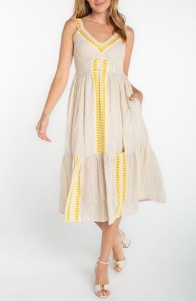 Liverpool Embroidered Sleeveless Midi Dress in Cream Brown Stripe at Nordstrom, Size X-Large