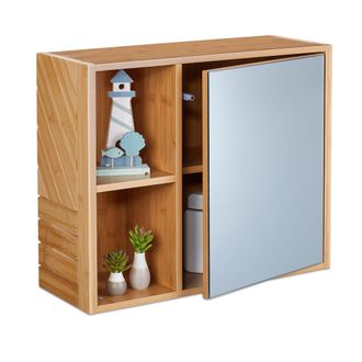 Relaxdays Mueble Ba&ntilde;o Con Espejo, 2 Compartimentos Abiertos, Puerta A Presi&oacute;n, 45x54,5x20 Cm, Armario Colgante, Natural - Relaxdays