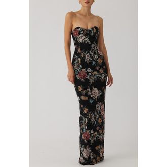 Sau Lee Maren Strapless Floral Jacquard Cotton Blend Column Gown in Black Multi at Nordstrom, Size 12