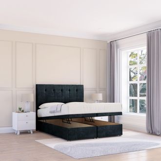 Sloomy Highbury Naples Fabric Ottoman Bed End Opening With Sprung Memory Mattress & 26 Inch strut Headboard in Black | Size: Single
