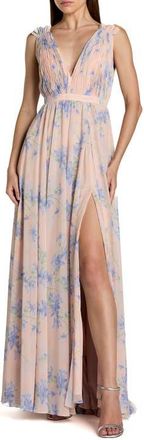 Mac Duggal Womens Sleeveless Pleated Chiffon V-Neck Gown in Violet Multi at Nordstrom, Size 10