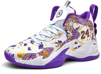 Generic Mens Trendy High Top Basketball Shoes Anti Slip Wear-Resistant Sports Training Boots Walking Shoes(White Purple,5.5 UK)