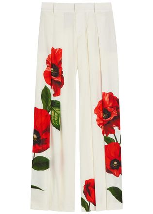 Alice & Olivia Blaire Floral-print Pleated Wide-leg Trousers - White And Red - 12 (UK16 / XL)