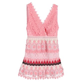 Self Portrait Striped Floral Guipure Mini Dress In Pink Polyester