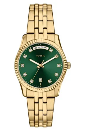 Fossil Scarlette Crystal Marker Bracelet Watch, 34mm in Gold at Nordstrom