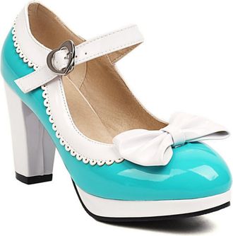 Generic Womens Chunky Heel Mary Jane Shoes Platform Formal Party Pumps with Bowknot,Turquoise,5.5 UK