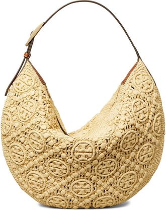 Tory Burch T-Monogram Woven Raffia Straw Shoulder Bag in Natural at Nordstrom