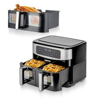 Geepas 9L Dual Basket Air Fryer with a 10L Dual Basket Vortex Technology 2600W in Black