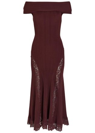 Self Portrait Lace-trimmed Knit Midi Dress - Burgundy - XL (UK16 / XL)