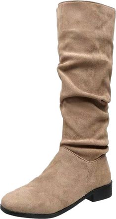 Generic Womens Knee High Boots Suede Slouchy Knee High Flats Boot Slip on Low Heel Thigh High Boots Mid Calf Winter Long Boot(Khaki,7.5)