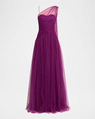 Pamella Roland Embellished Tulle One-Shoulder Cape Gown