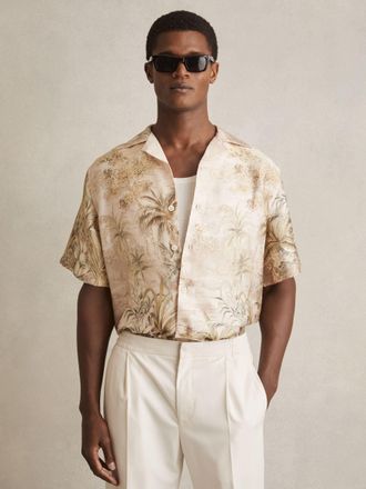 Reiss Soft Sage Green Jungle Print Cuban-collar Shirt, XL