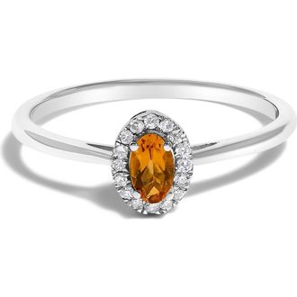 House of Brilliance 10K White Gold Oval and Diamond Accent Halo Birthstone Ring in Orange Citrine at Nordstrom, Size 6.5