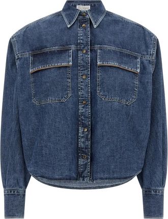Brunello Cucinelli Lichtgewicht Denim Overhemd met Glanzende Zakken - Dames - Spijkeroverhemden - Blauw - 2XL - Denim - Overhemden