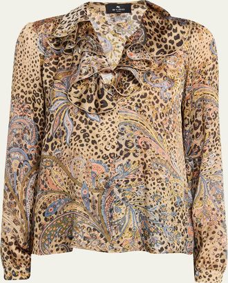 Etro Leopard Paisley-Print Silk Ruffle Blouse