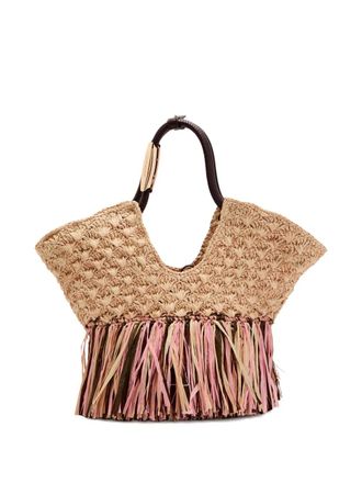 Zimmermann small Goldentime fringed raffia tote bag - Beige