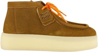 Miu Miu Platform Su&egrave;de Enkellaarsjes - Dames - Veterlaarzen - Bruin - 41 EU - Su&egrave;de - Schoenen
