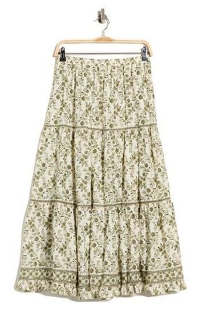 Max Studio Floral Wreath Print Tiered Cotton Blend Maxi Skirt in Cream/Green Floral at Nordstrom Rack, Size X-Small