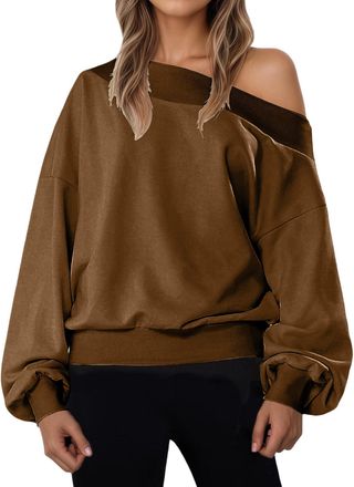 Generic Coffee Oversized Sweatshirts Womens Long Sleeve Off The Shoulder Pullover Sweatshirt Oversize Loose Ladies Sweatshirts Tops Casual Classic Solid Color