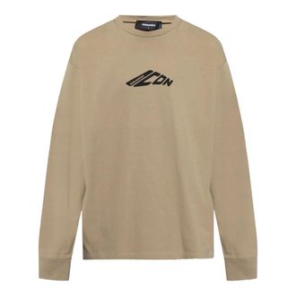 Dsquared2 Mens Khaki Long Sleeve T-shirt Black Stretched Icon Logo - Brown Cotton - Size Medium