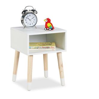 Relaxdays Relaxdays Childrens Bedside Table, Nightstand with Open Shelf, 40x30x30 cm, Kids Bedroom, 4 Wooden Legs, MDF, White