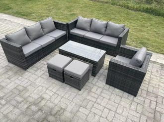 Fimous Outdoor Rattan Garden Furniture Lounge Sofa Set With Oblong Rectagular Coffee Table 2 Stools in Dark Grey