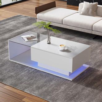 OEM Mesa De Centro De Sal&oacute;n, Blanca Lacada, 100 X 50 X 32 Cm, 1 Caj&oacute;n, Iluminaci&oacute;n Led, Estilo Moderno