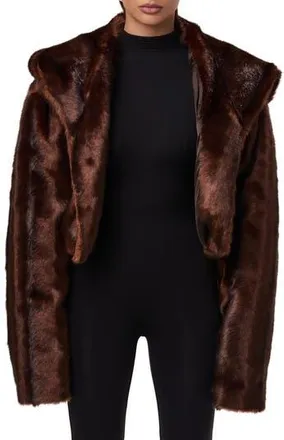 Naked Wardrobe Hooded Faux Fur Crop Jacket in Chocolate at Nordstrom Rack, Size Large