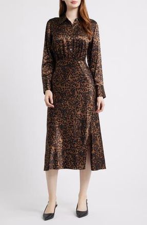 Rails Jazlyn Leopard Long Sleeve Satin Midi Shirtdress in Ginger Spotted at Nordstrom Rack, Size Xx-Small