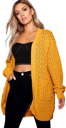 Crazy Girls Womens Crochet Knitted Boyfriend Cardigan, Mustard, XXL (UK 20-22)