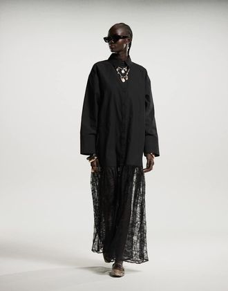 Asos 2-in- 1 shirt maxi dress with lace skirt in black-White