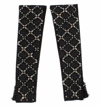Dolce & Gabbana Womens Black Leather Crystal Beaded Finger Free Gloves - Size Small