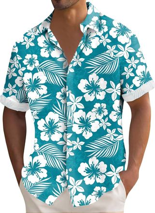 Generic Mens Linen Shirts Short Sleeved Regular Fit Cotton Shirt Button Down Hawaiian Holiday Print Tops Lightweight Henley Blouses,Green,L