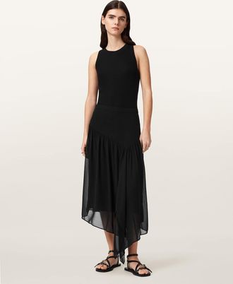 AllSaints Polyester Cyra Asymmetric Maxi Skirt, Size: UK 14/US 10