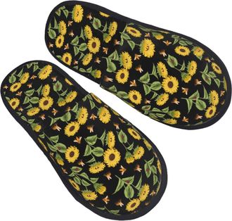 Generic Fluffy Slipper Bees And Sunflowers Print Portable Winter Slippers Warm Plush Hotel Slippers Winter Bedroom M