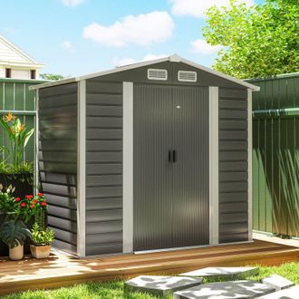 OUTSUNNY Caseta De Jard&iacute;n Exterior 2,36m&sup2; 213x120x194 Cm Con Base Refuerzo (suelo No Incluido) Puertas Correderas Dobles Candado Ventanas Gris Oscuro - Outsunn
