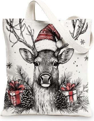 Generic Winter Merry Christmas Reindeer Deer Canvas Tote Bag for Shopping 13x15, Fun Vintage Xmas Animal Reusable Grocery Print Bag for Women, Happy Holiday B