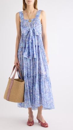 Chlo&eacute; Floral Tiered Cotton Voile Maxi Dress in Multicolor Blue 1 at Nordstrom, Size 36