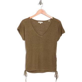 Max Studio Side Ruched Short Sleeve V-Neck Sweater in Army at Nordstrom Rack, Size X-Large