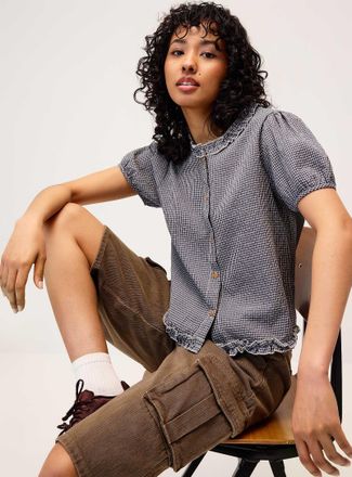 Twik Womens Seersucker puff-sleeve check shirt