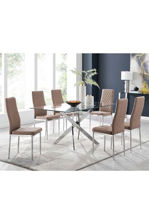 Furniturebox Leonardo Glass & Chrome Metal Dining Table & 6 Milan Chairs Dining Set in Beige