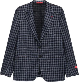 Isaia Gingham-Check Jas - Heren - Blazers - Blauw - 2XL - Wol - Jassen
