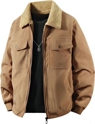 Generic Mens Corduroy Jacket - Sherpa Lined Trucker Coat, Teddy Fleece Thermal Stand Collar Jacket, Vintage, Long Sleeve Zip Up Pockets, Outwear Windproof, Th