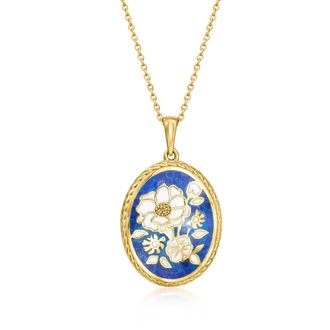 Ross-Simons Lapis and Multicolored Enamel Flower Pendant Necklace in 18kt Gold Over Sterling